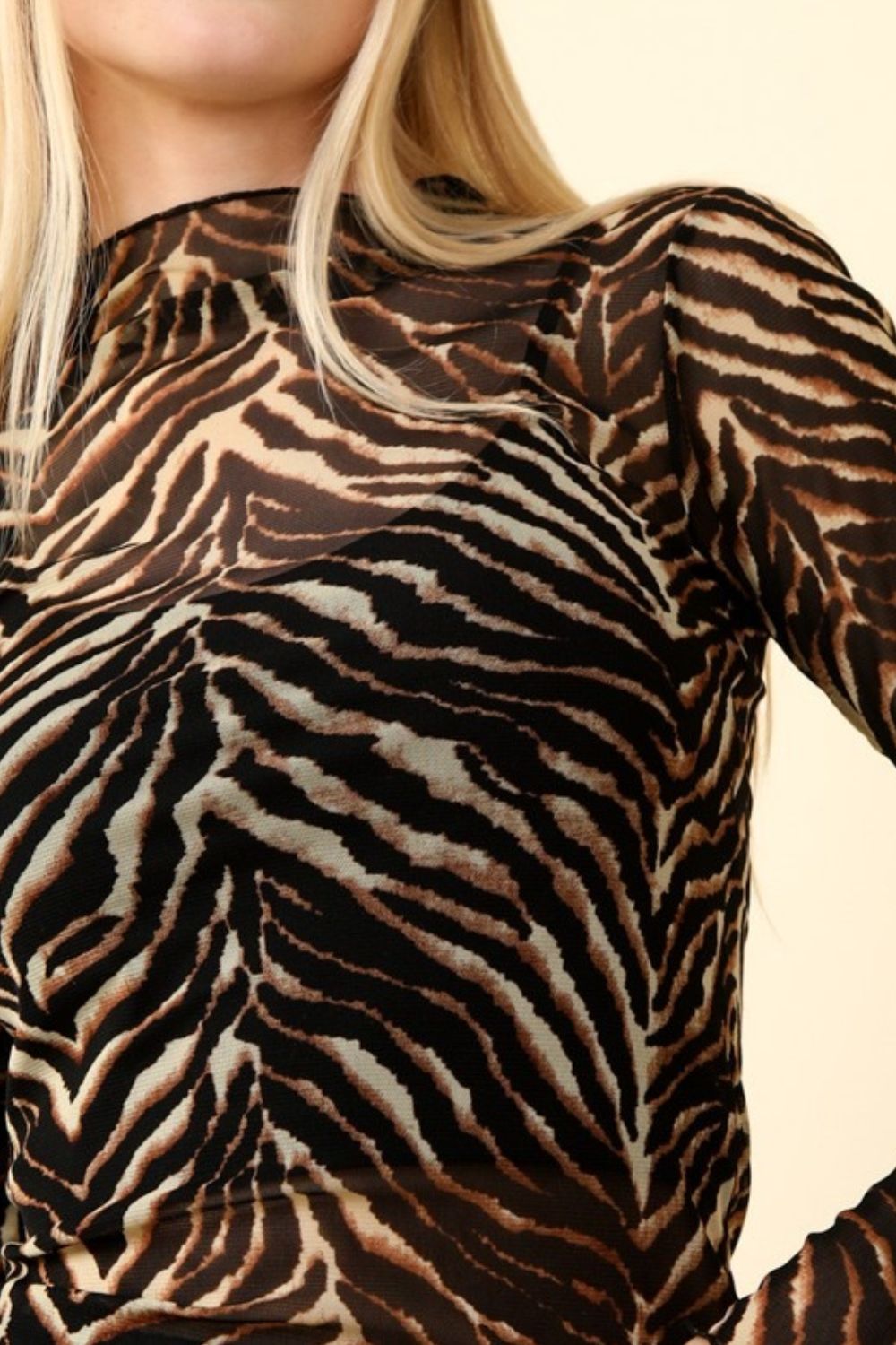 VERY J. Black Zebra Print Mock Neck Sheer Mesh Top