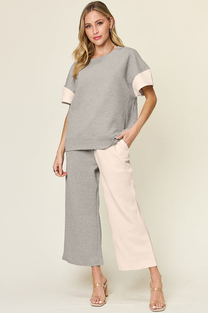 DOUBLE TAKE Full Size Texture Contrast T-Shirt and Wide Leg Pants Set