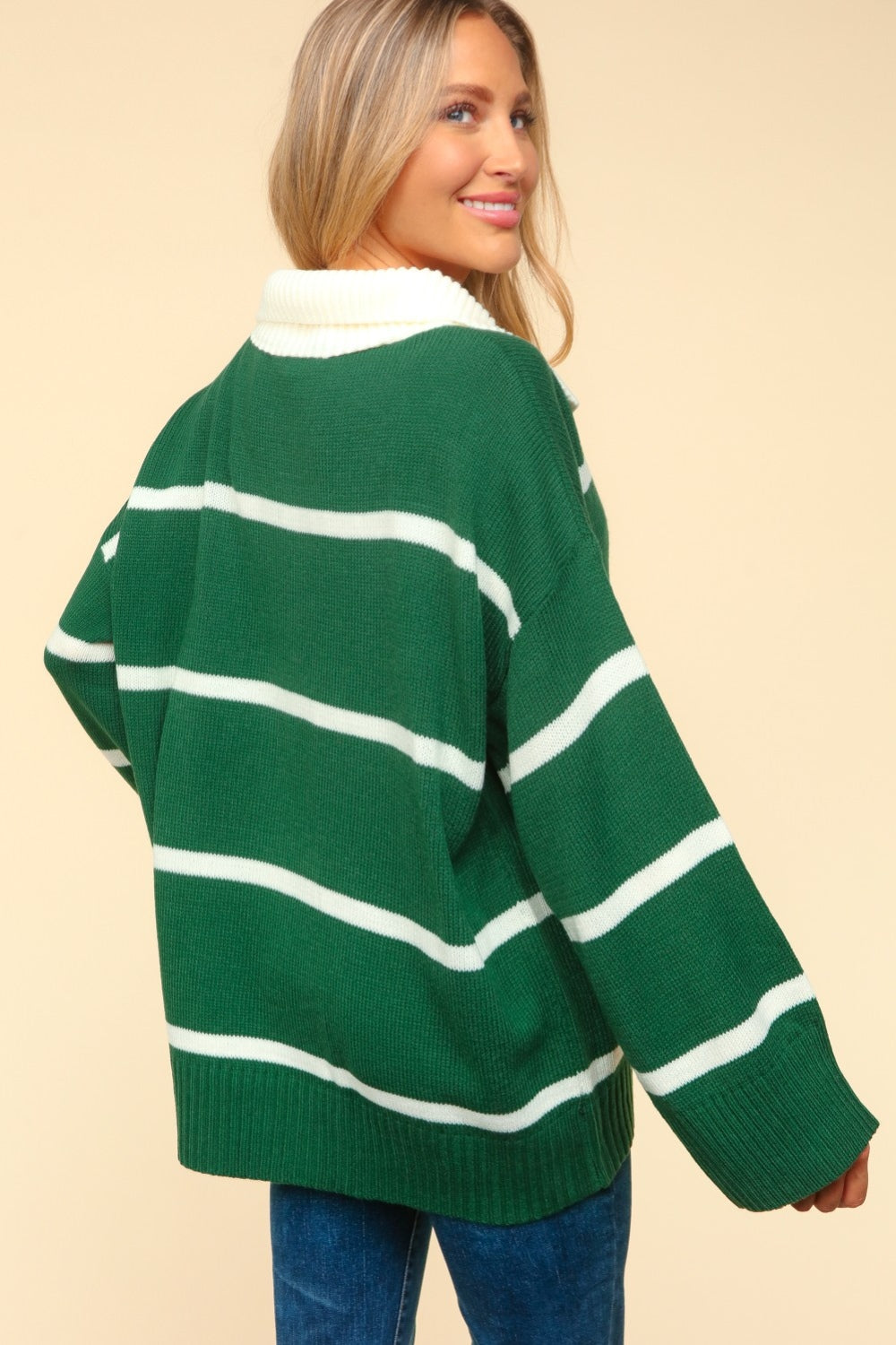 HAPTICS Hunter Green Collared Neck Striped Contrast Sweater