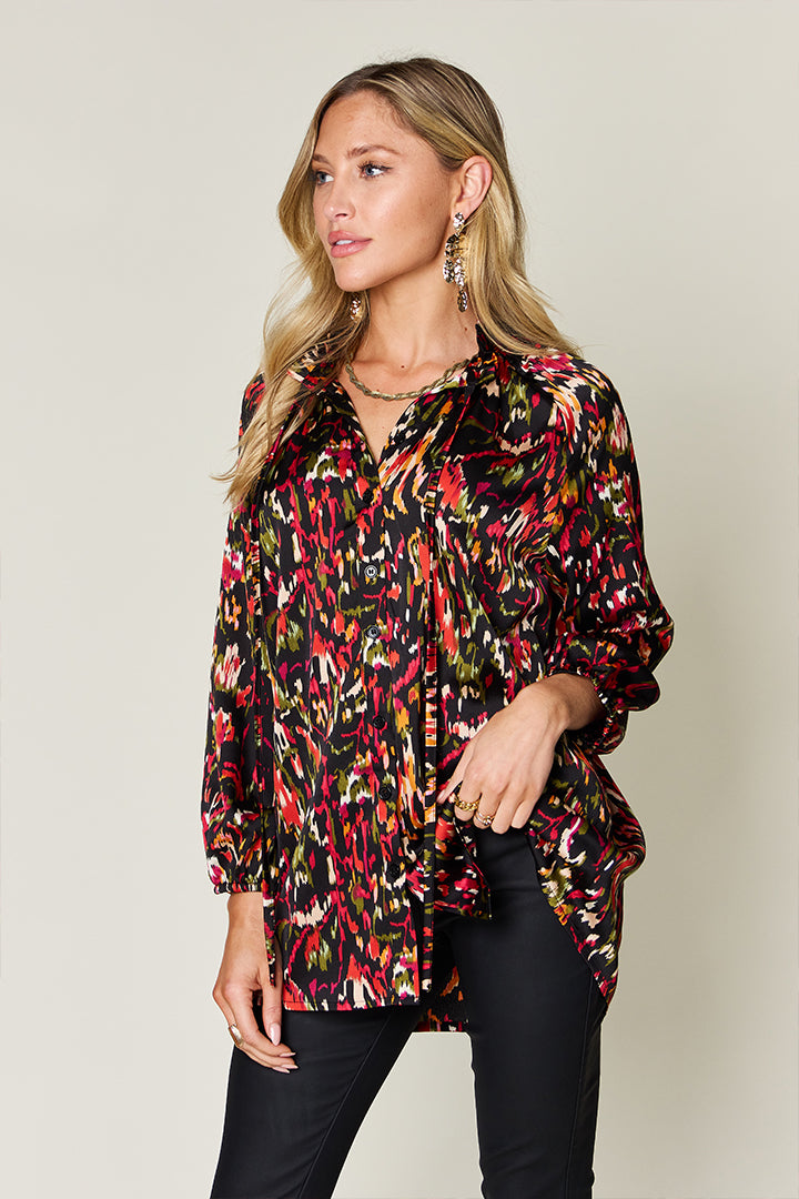 DOUBLE TAKE Full Size Printed Tied Neck Long Sleeve Blouse