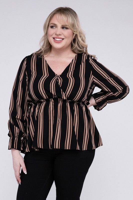 NUVI APPAREL Plus-size Striped Top with Ruffled Hem