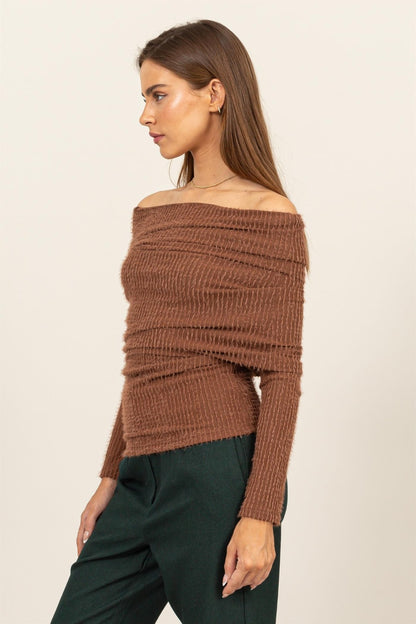 HYFVE Brown Fuzzy Off-the-Shoulder Textured Knit Top