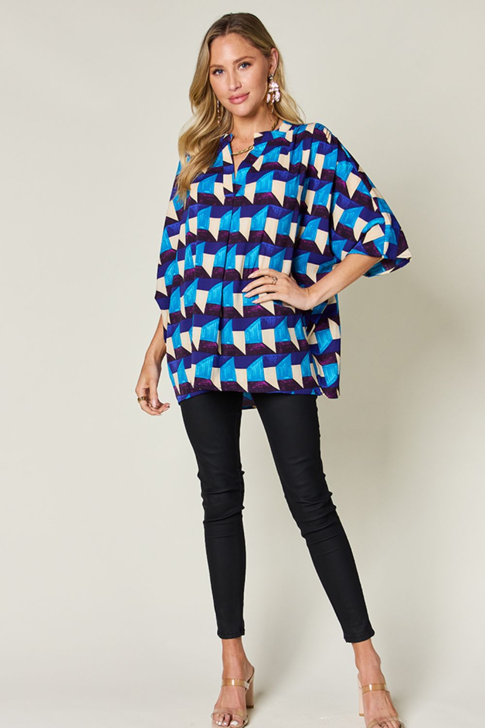 DOUBLE TAKE Full Size Geometric Notched Half Sleeve Blouse