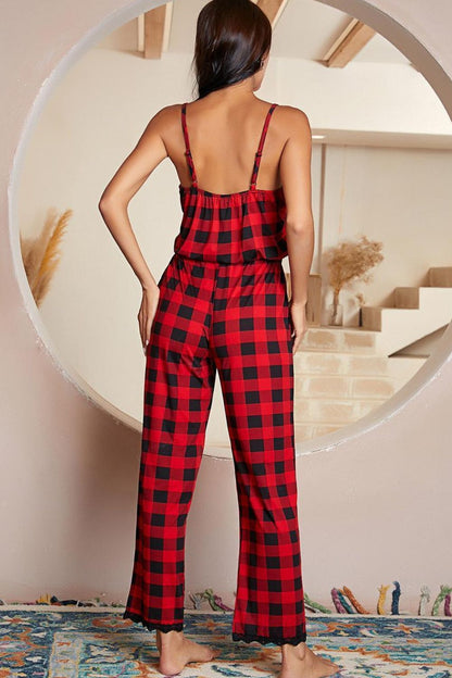 H2J Red Plaid Lace Trim Spaghetti Strap Jumpsuit