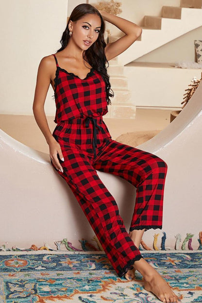 H2J Red Plaid Lace Trim Spaghetti Strap Jumpsuit