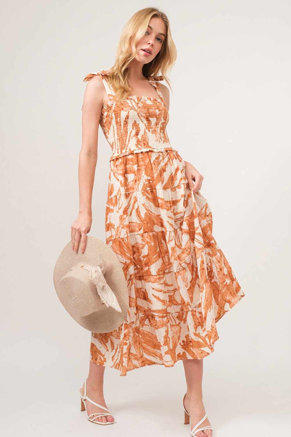 AND THE WHY  Hazelnut Tie Shoulder Smocked Midi Tiered Dress