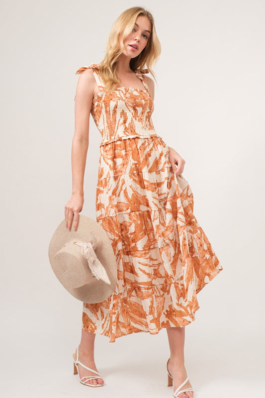 AND THE WHY  Hazelnut Tie Shoulder Smocked Midi Tiered Dress