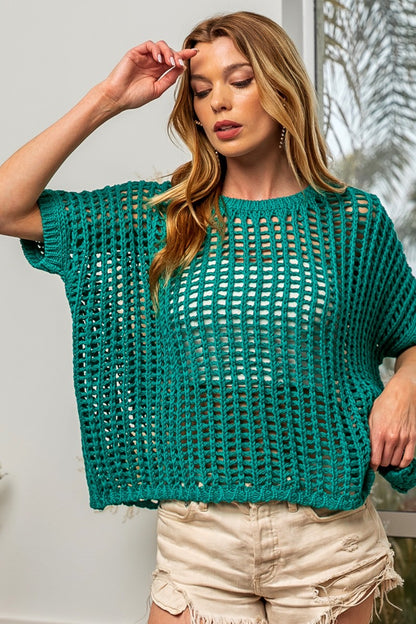 BiBi Jade Hollowed Out Short Sleeve Knit Cover Up Top