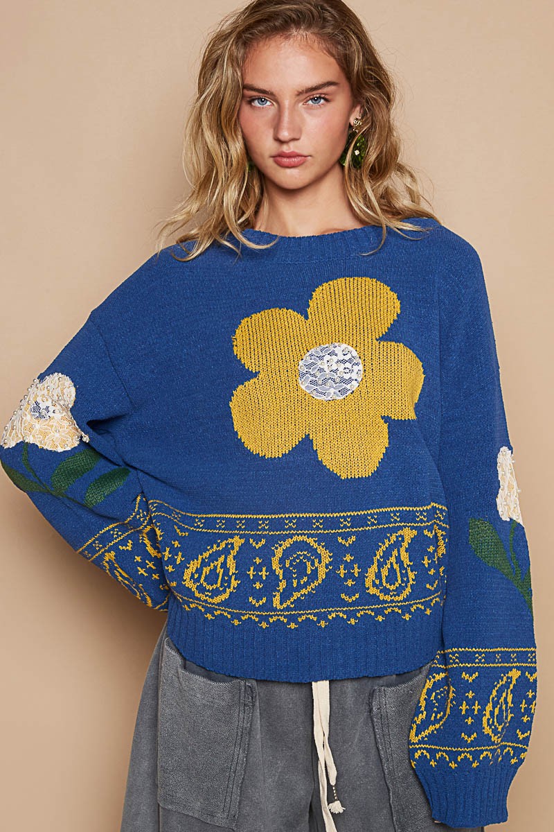 POL Blue Flower Lace Patch Long Sleeve Sweater