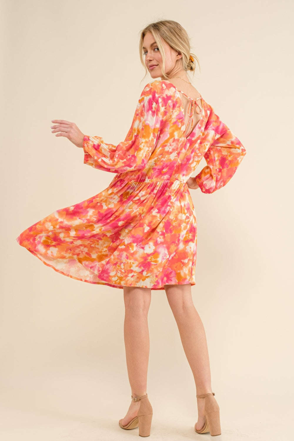 AND THE WHY Casual Full Size Orange Multi Floral Print V-neck Dress with Long Balloon Sleeves