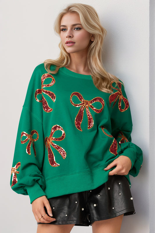 DOUBLE TAKE Women's Christmas Dropped Shoulders Sweatshirt with Golden Sequined Bows