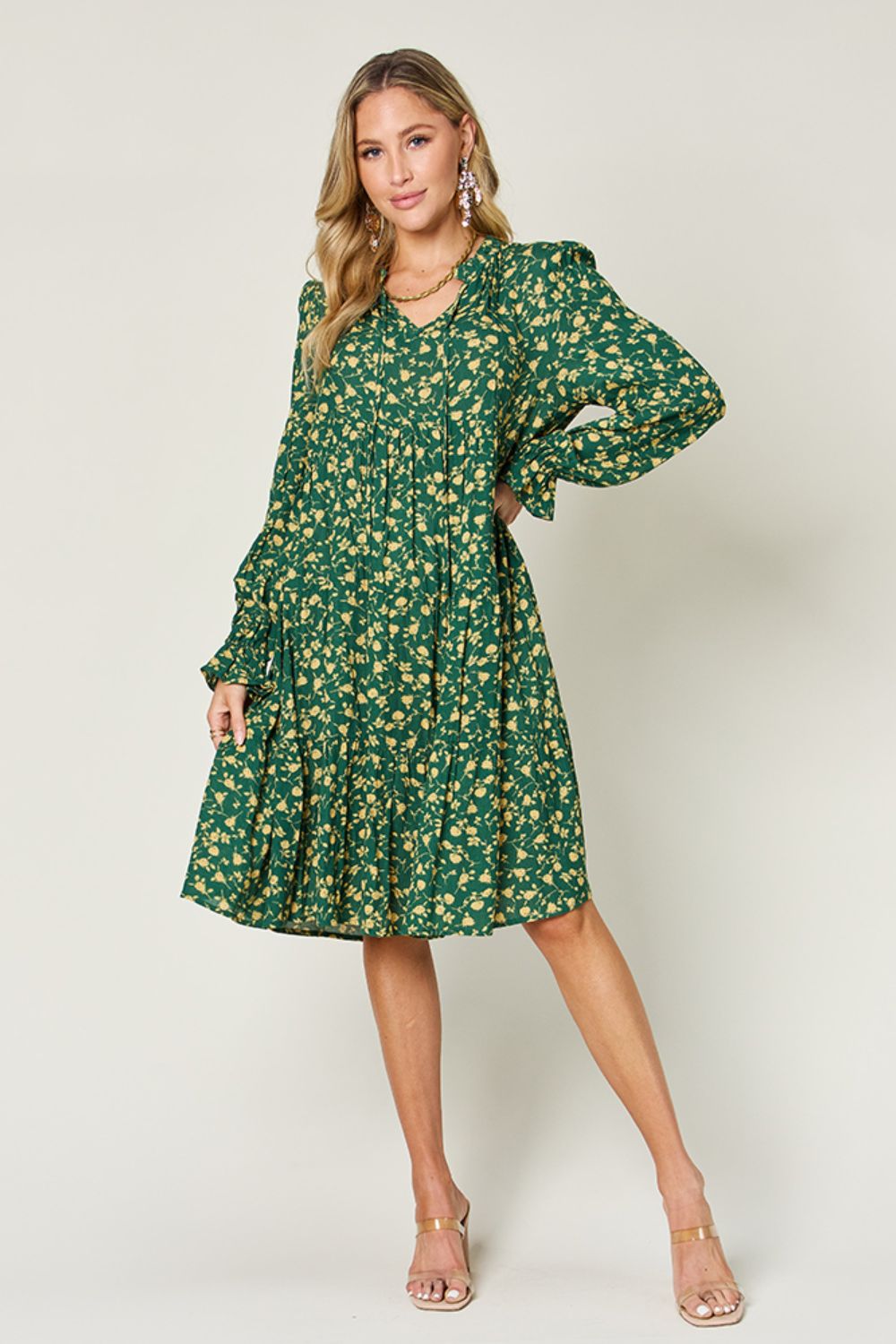 DOUBLE TAKE Full Size Printed Ruffle Hem Long Sleeve Dress