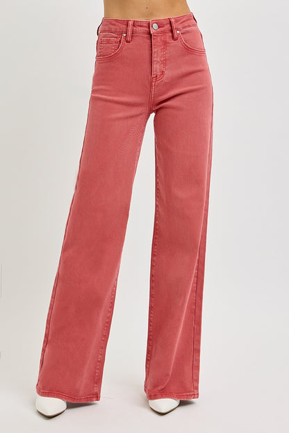 RISEN Full Size High Rise Tummy Control Wide Leg Jeans in Red Brick color