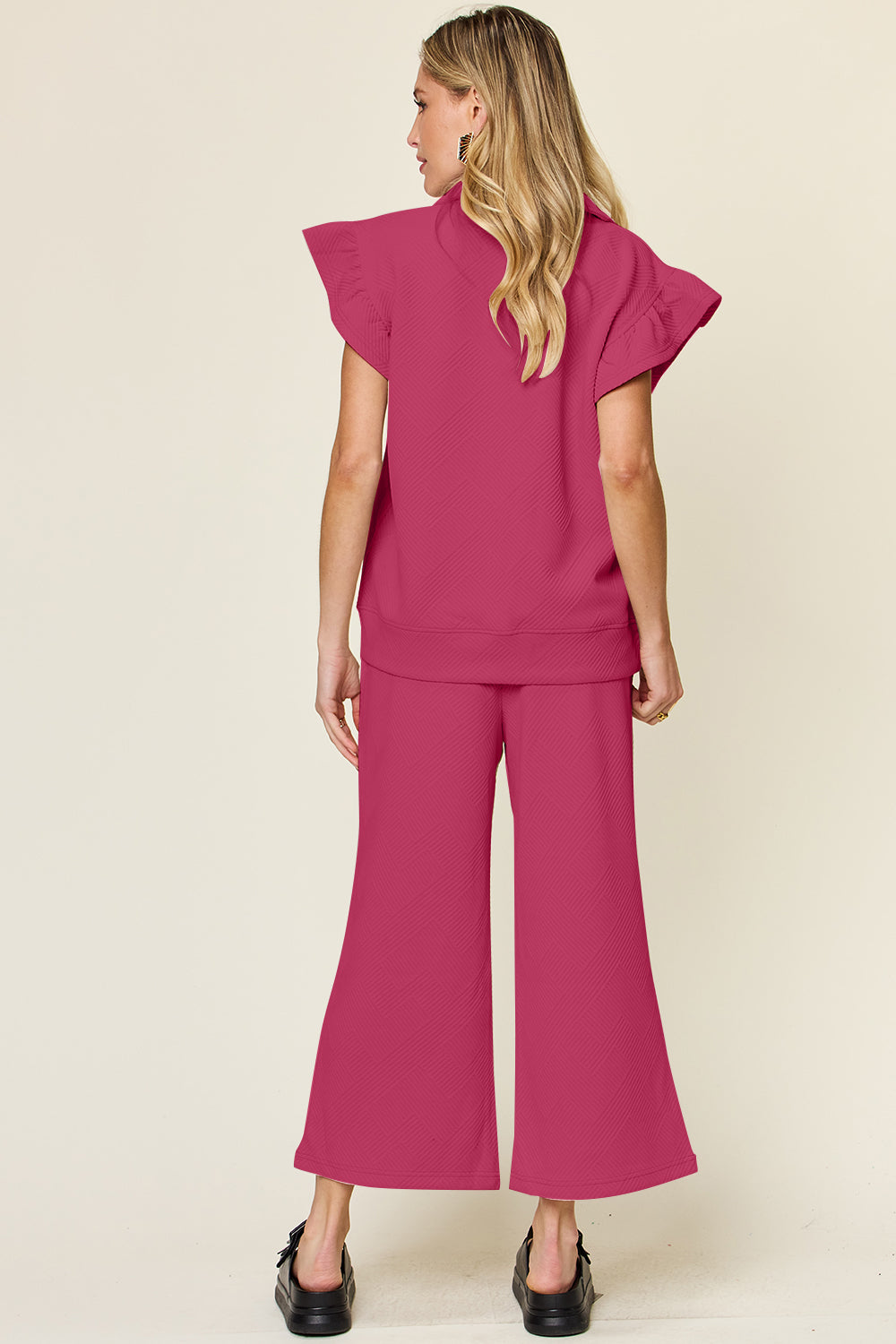 DOUBLE TAKE Texture Ruffle Short Sleeve Top and Drawstring Wide Leg Pants Set