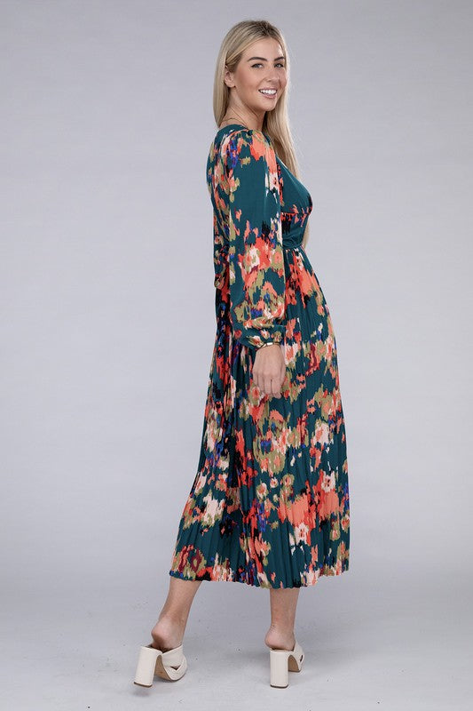 NUVI APPAREL Floral Satin Pleated Maxi Dress