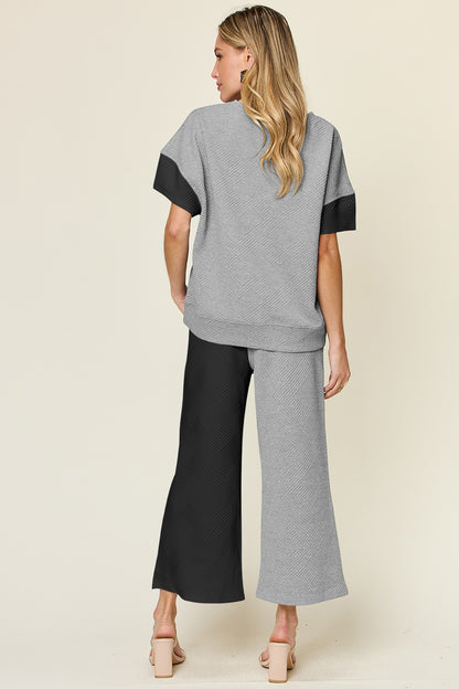 DOUBLE TAKE Full Size Texture Contrast T-Shirt and Wide Leg Pants Set