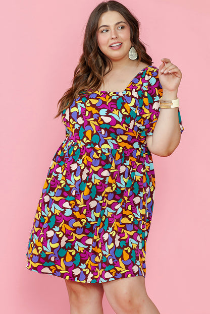 Purple Plus Size Printed Puff Sleeve Short Flare Dress