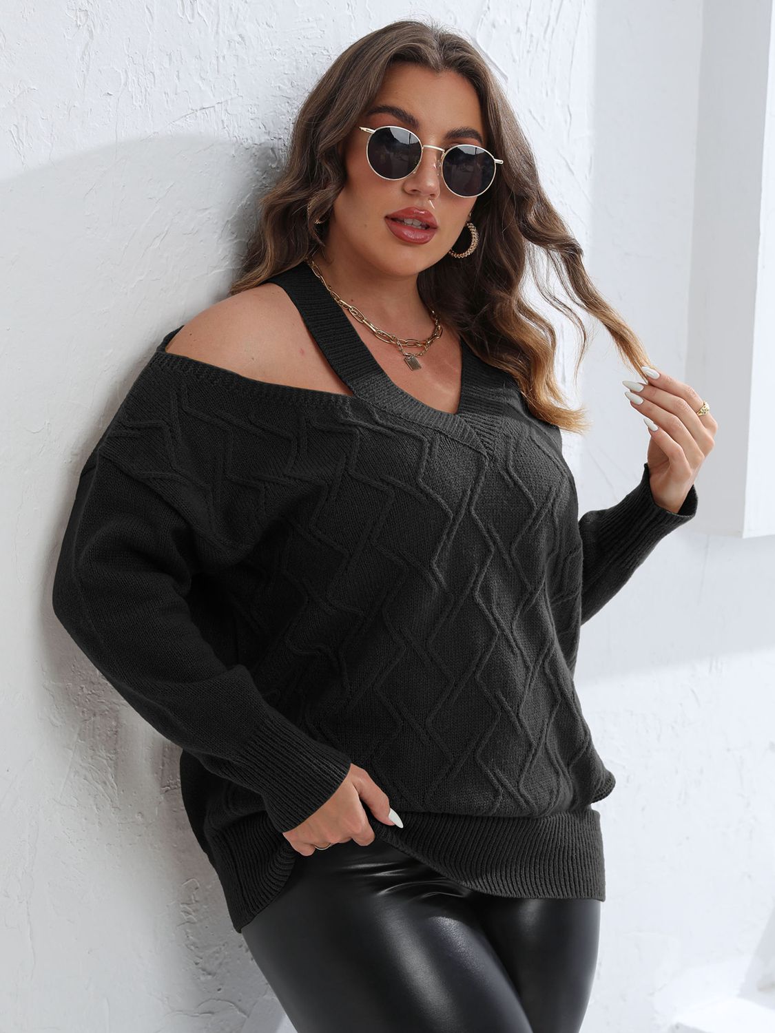 Plus Size Cutout V-Neck Knitted Sweater