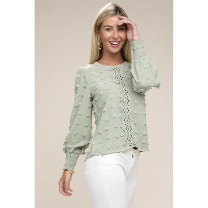 NUVI APPAREL Green Swiss Dot Contrast Lace Blouse