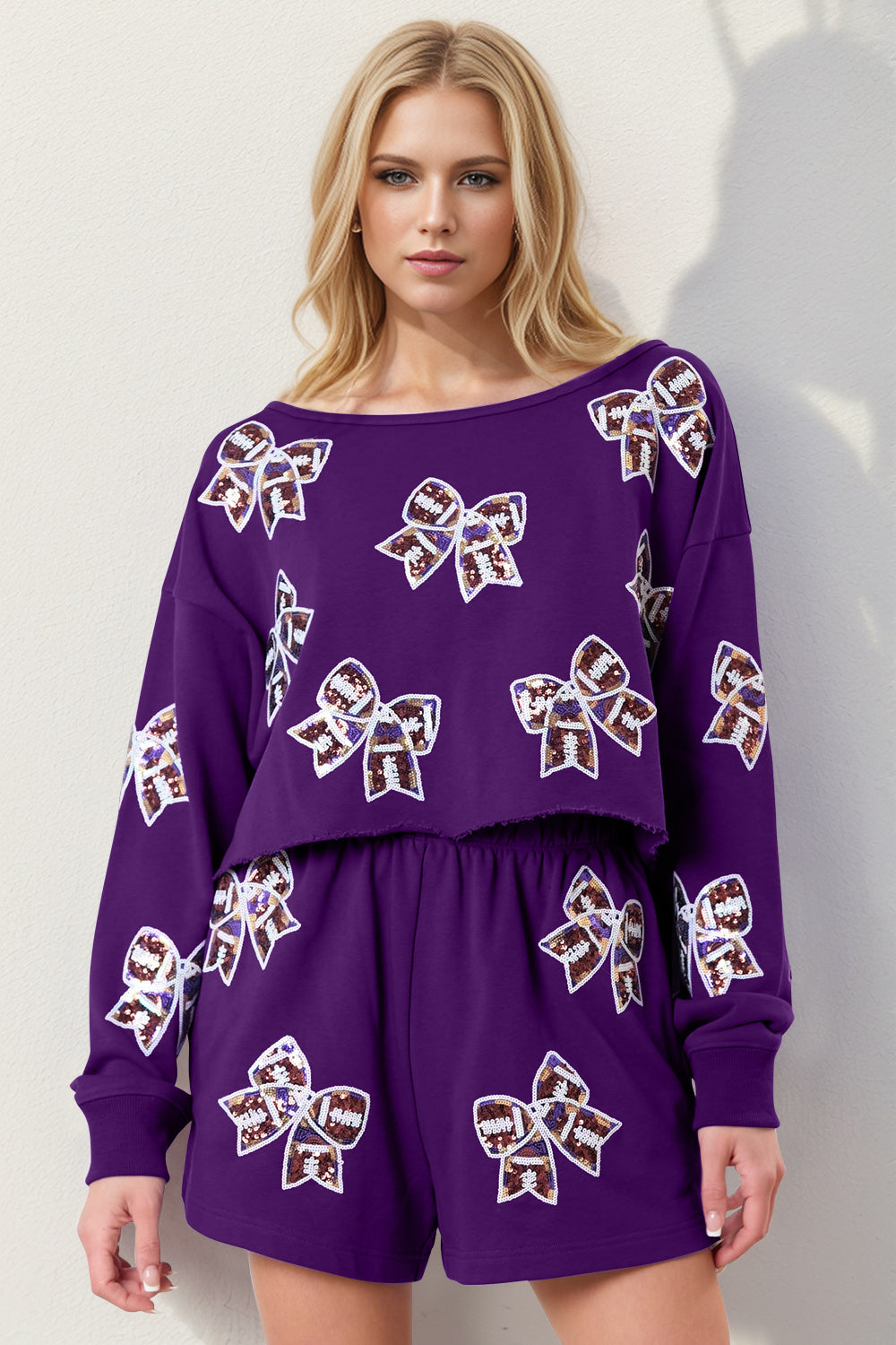 DOUBLE  TAKE Women's 2 Piece Purple Cropped Sweatshirt and Shorts Set with Sequin Bow