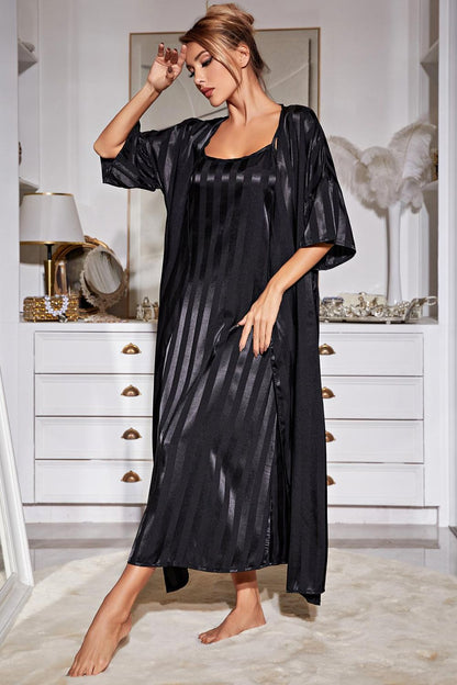 H2J Striped Flounce Sleeve Open Front Robe and Cami Pajama Dress Set