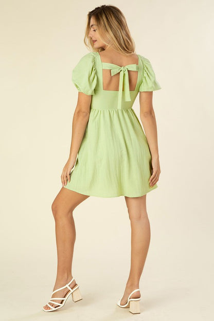 LILOU Light Green Tie Back Dress with Puff Sleeves