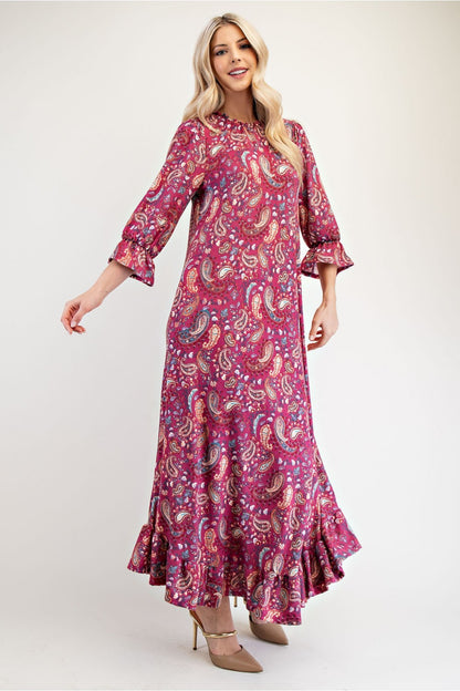 Celeste Cerise Women's Full Size Modest Maxi Paisley Floral Dress with Ruffle Hem & Round Neck