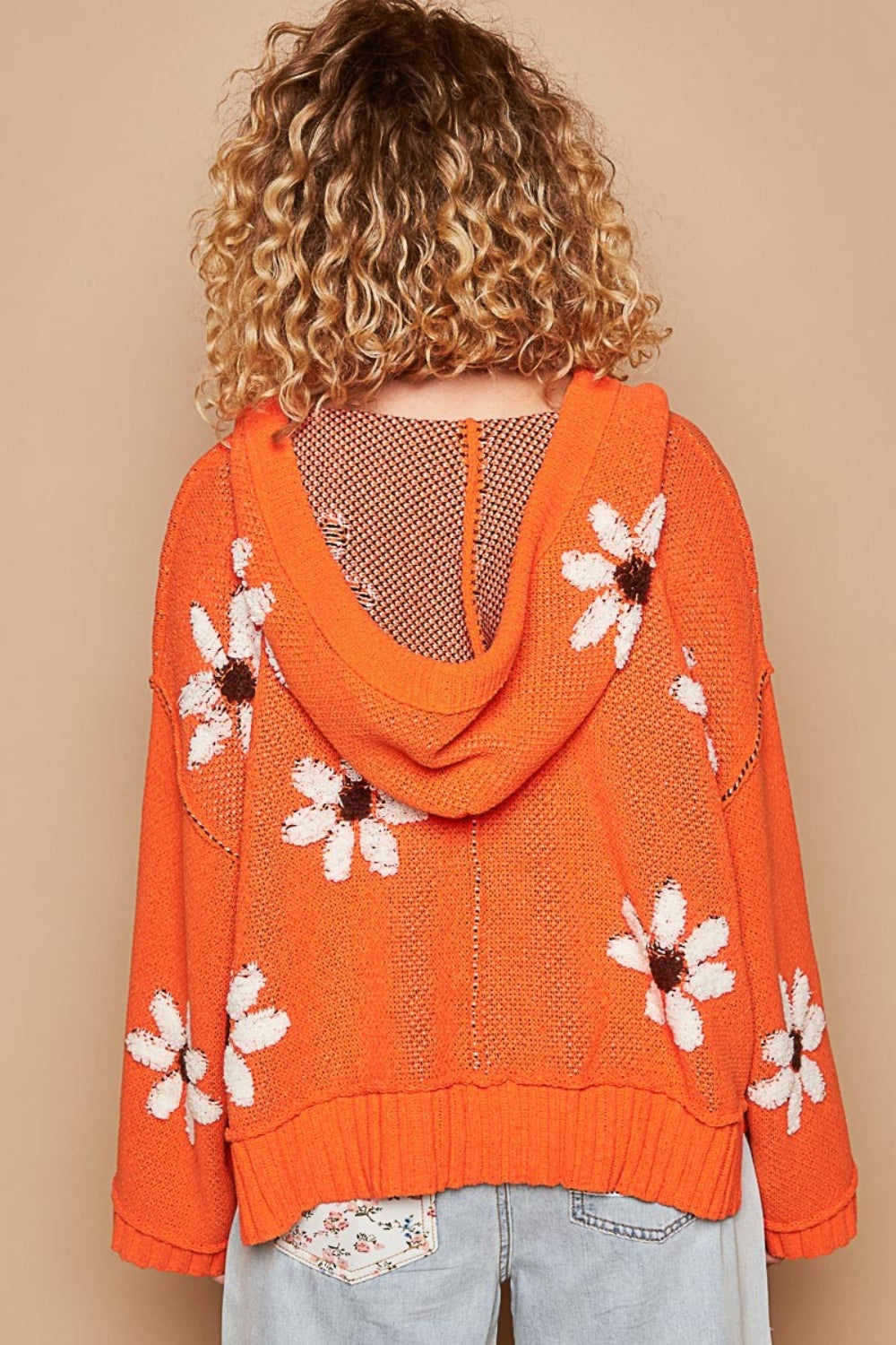 POL Orange Floral Pattern Hooded High-Low Sweater