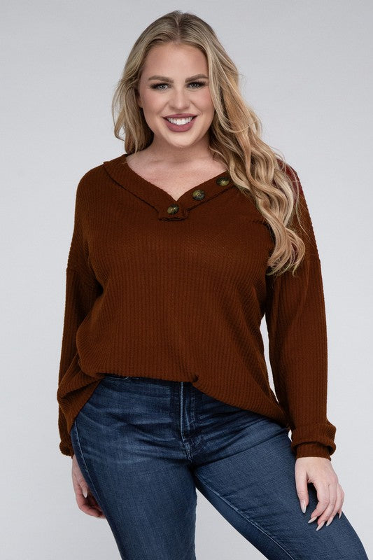 ZENANA Plus Brushed Waffle V-Neck Button Detail Sweater