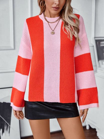 DRIZZLE Color Block Round Neck Long Sleeve Sweater