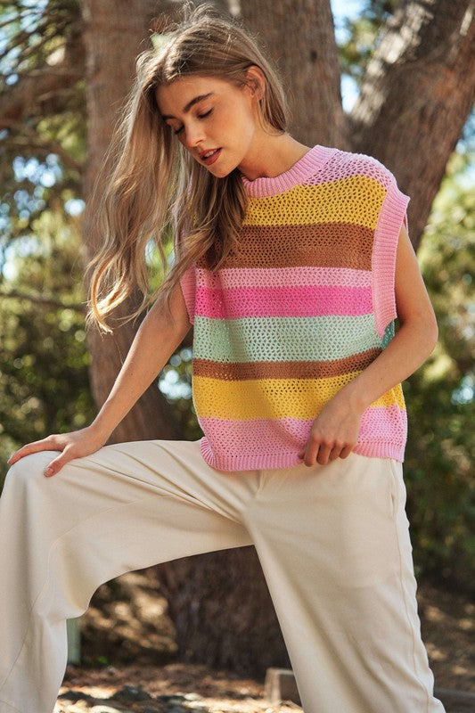 DAVI & DANI Crochet Multi Striped Pullover Knit Sweater Vest