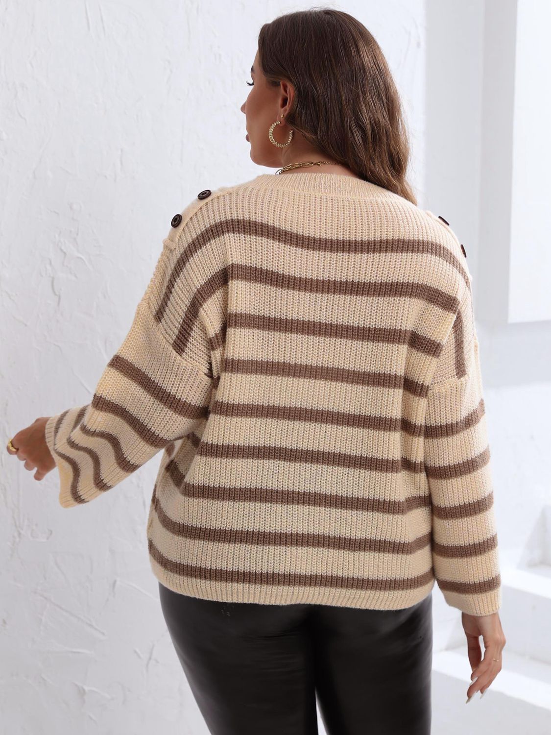 Plus Size Striped Dropped Shoulder Autunm Knitted Sweater