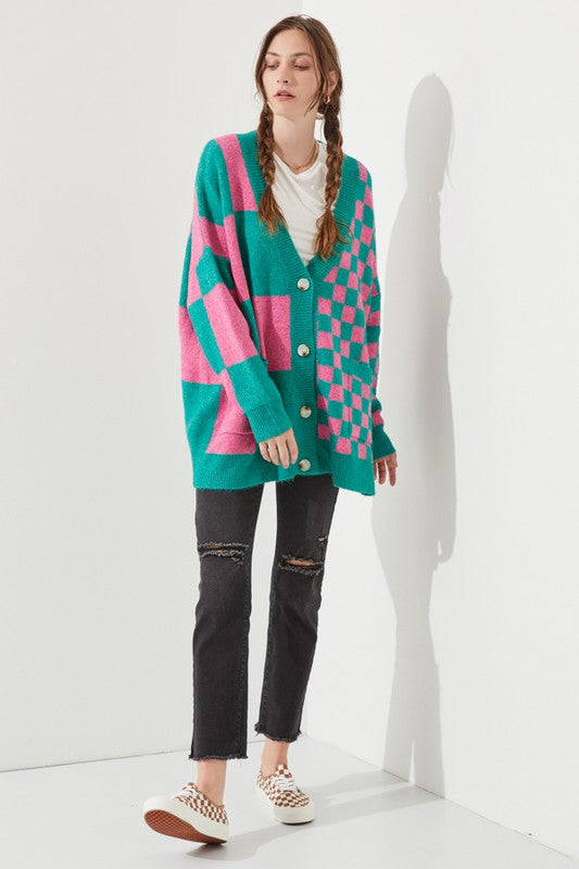 JADE by JANE Mocha/Beige Checkered Oversized Sweater