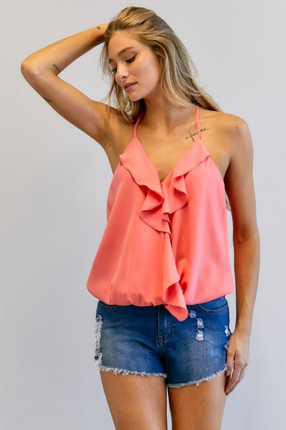 DAVI & DANI Solid V-Neck Sleeveless Ruffle Tank Top