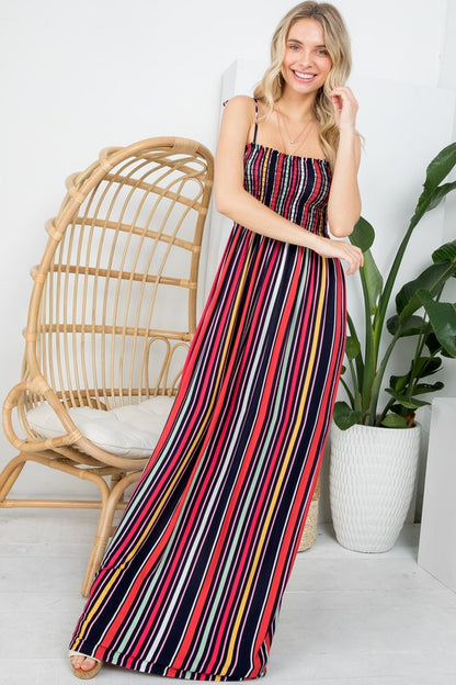 E LUNA Stripe Smocked Maxi Tank Dress