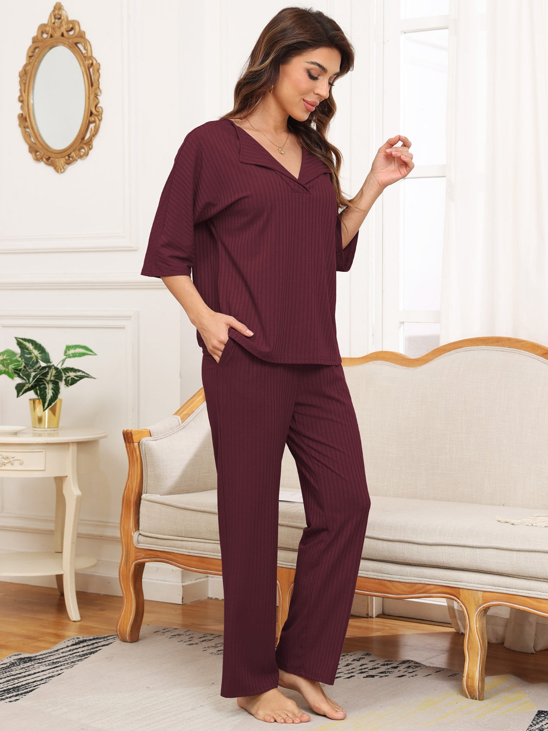 A&D Ribbed Half Sleeve Top and Pocketed Pants Lounge Set