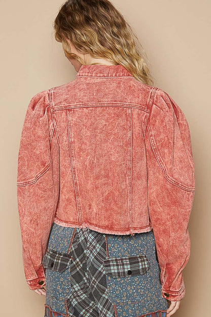 POL Raw Hem Button Up Cropped Denim Jacket with Wide Shoulders