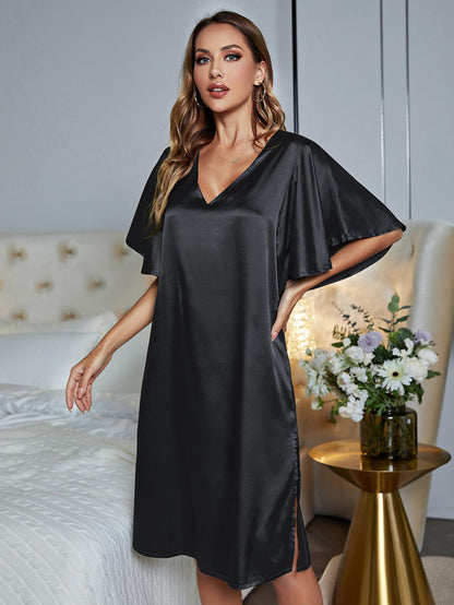 H2J Satin-like Polyester V-Neck Flutter Nightgown