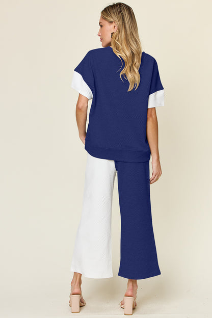 DOUBLE TAKE Full Size Texture Contrast T-Shirt and Wide Leg Pants Set