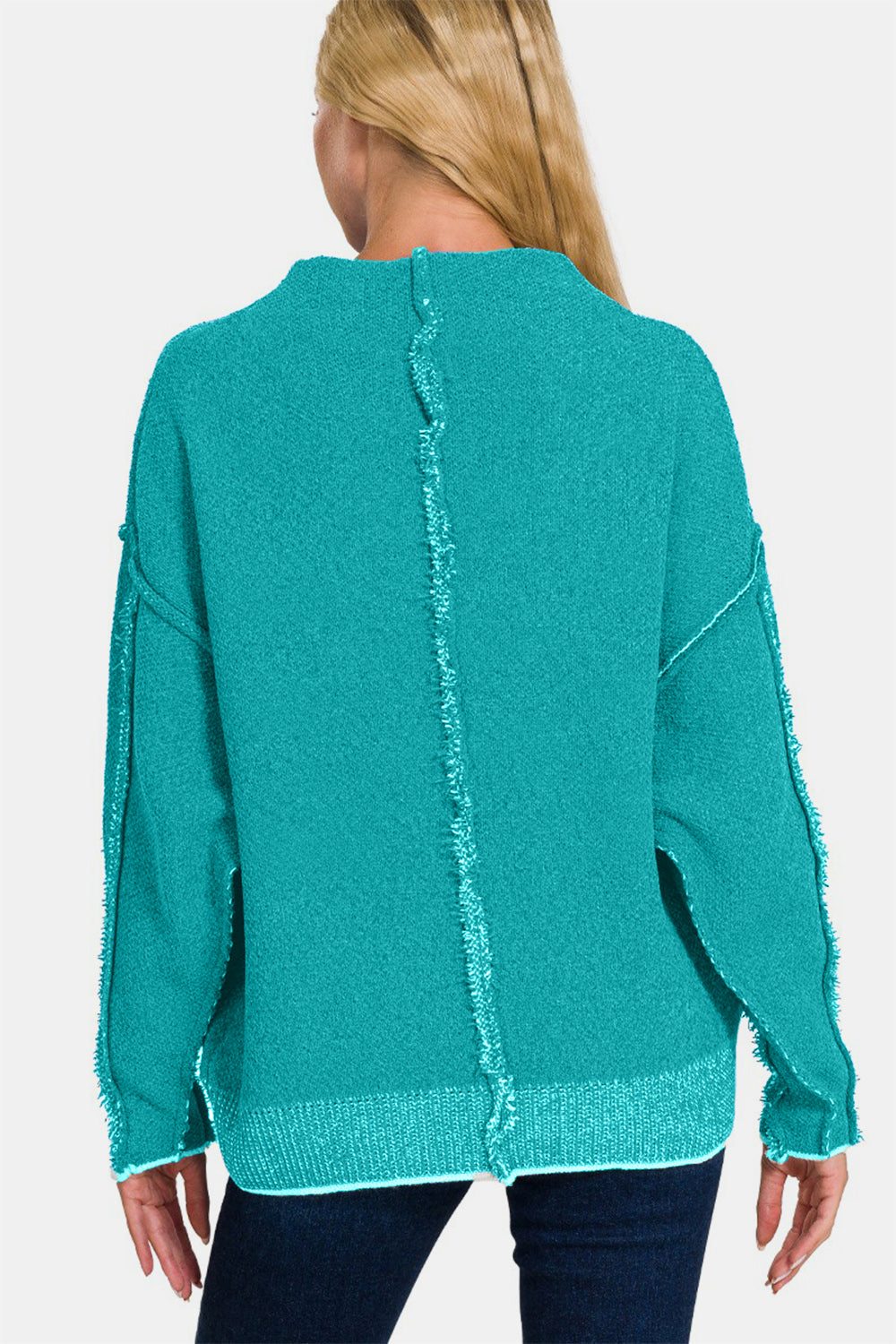 ZENANA Light Teal Exposed Seam Mock Neck Long Sleeve Sweater