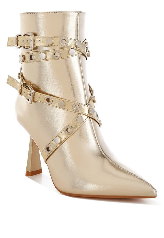 RAG & Co. Gold Metallic Ankle Heels Boot with Jaunts Eyelets & Studs Harness