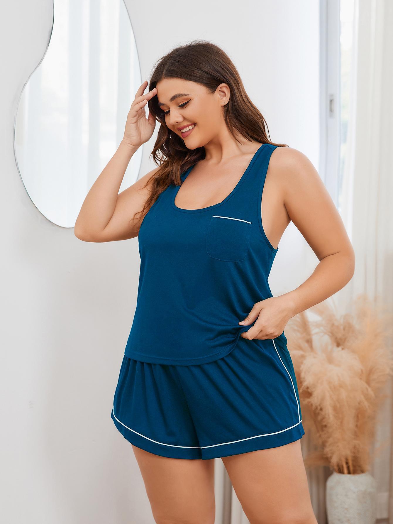 H2J Plus Size Contrast Piping Racerback Tank and Shorts Lounge Set-up to 4XL