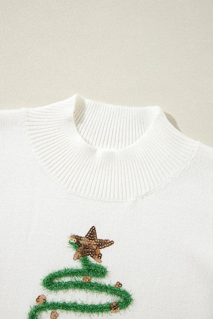 SYNZ Sequin Mock Neck Short Sleeve Christmas Tree Sweater