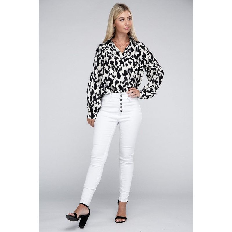 NUVI APPAREL White/Black Printed Buttoned-down Blouse