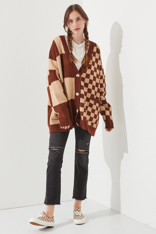 JADE by JANE Mocha/Beige Checkered Oversized Sweater