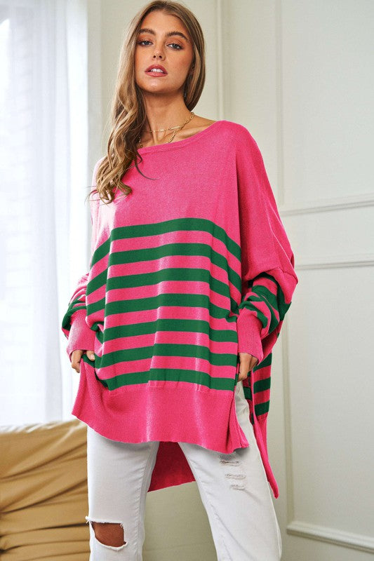 DAVI & DANI Multi Striped Elbow Patch Loose Fit Sweater Top