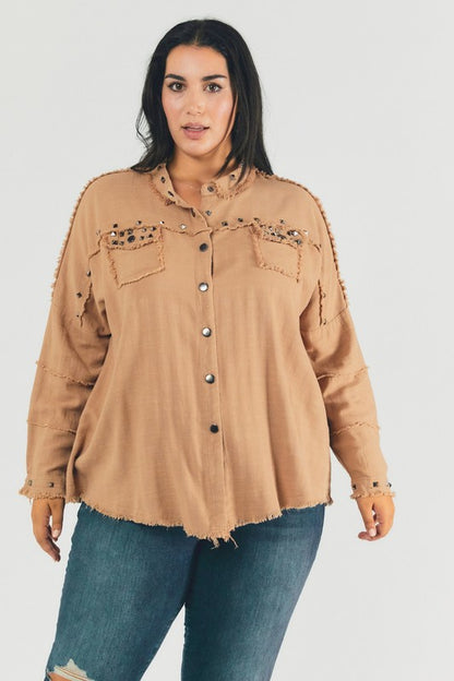 DAVI & DANI PLUS Distressed hem button down oversize shirt