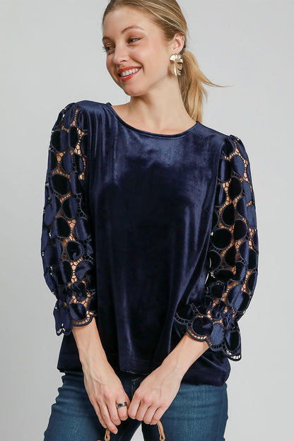 Umgee Women's Navy Polka Dot Lace Long Sleeve Round Neck Blouse