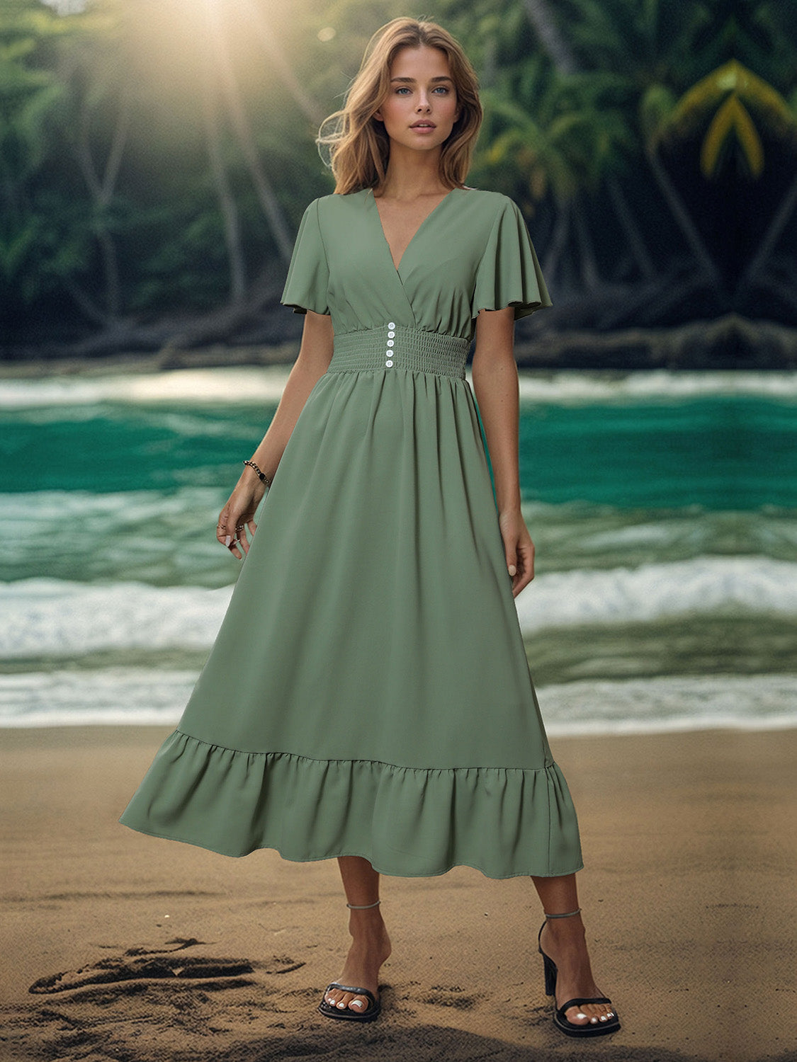 Surplice Sage Flutter Sleeve Midi Dress