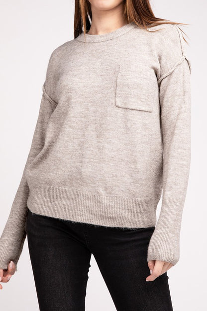 ZENANA Melange Hi-Low hem Round Neck Sweater